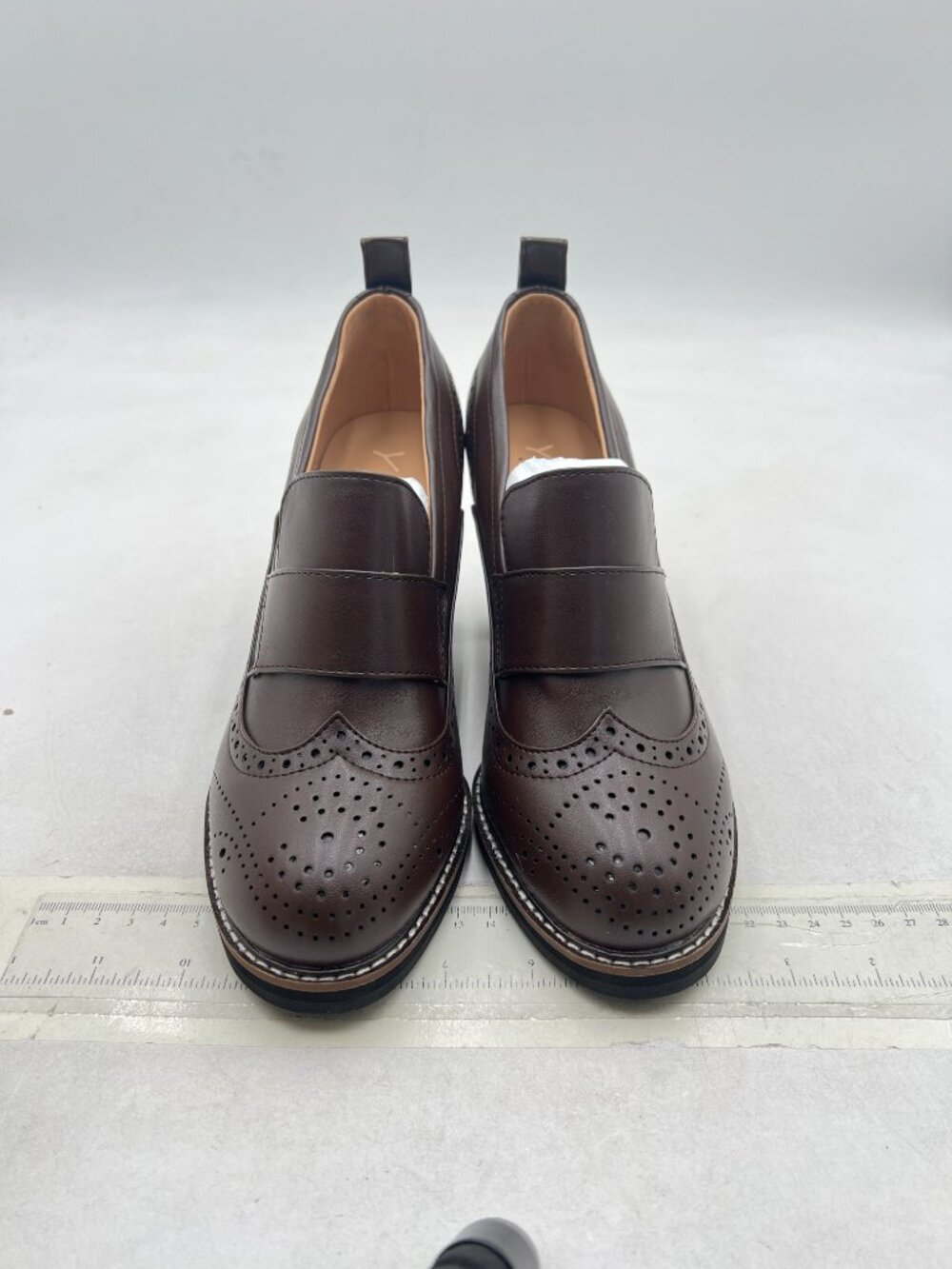YDN Saddle Brown Chunky High Heels Round Toe Oxford Loafer Shoes Slip On Loafers - Picture 3 of 8